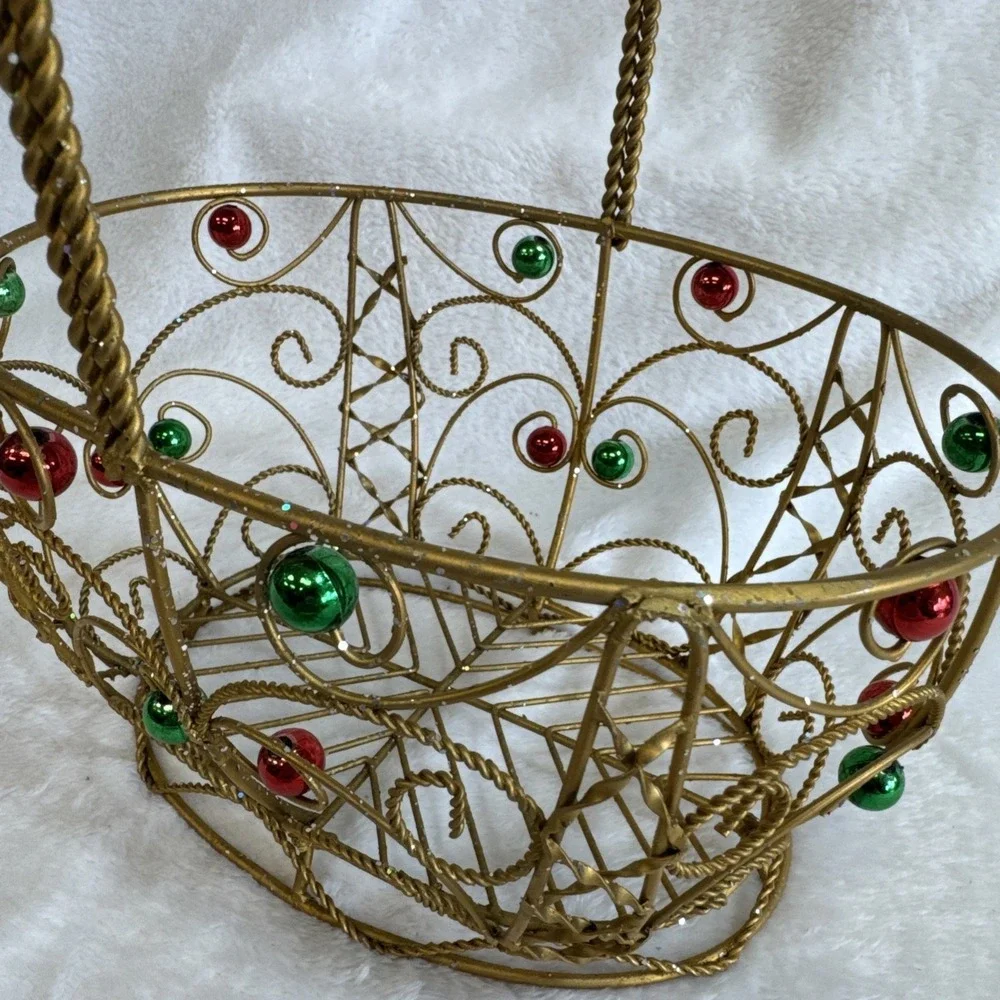 Gold‎ Wire Christmas Basket with Red and Green Ornaments Holiday Decor 11 inch